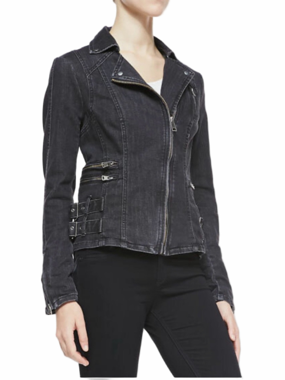 FREE PEOPLE Washed Black Denim Moto Buckle Jacket Grunge Size 10 MED